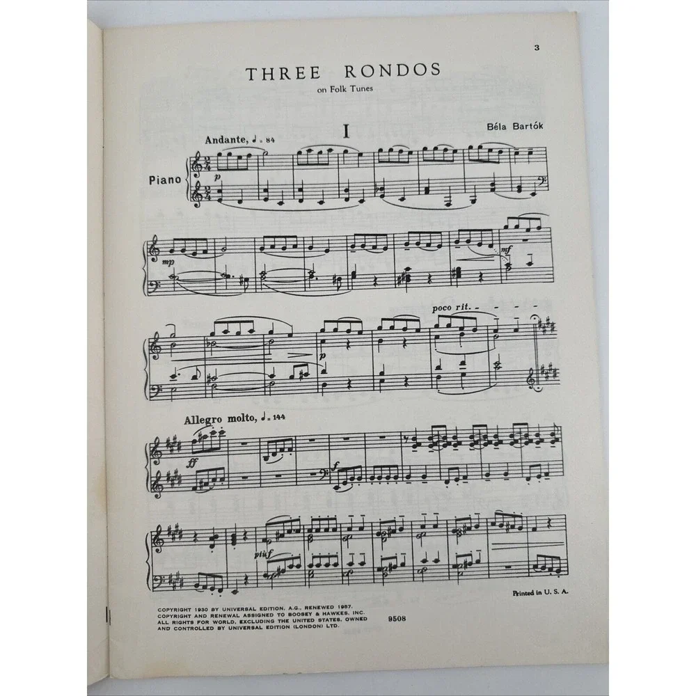 Bela Bartok Three Rounds Piano Solo 1957 Sheet Music Vintage Boosey‎ & Hawkes
